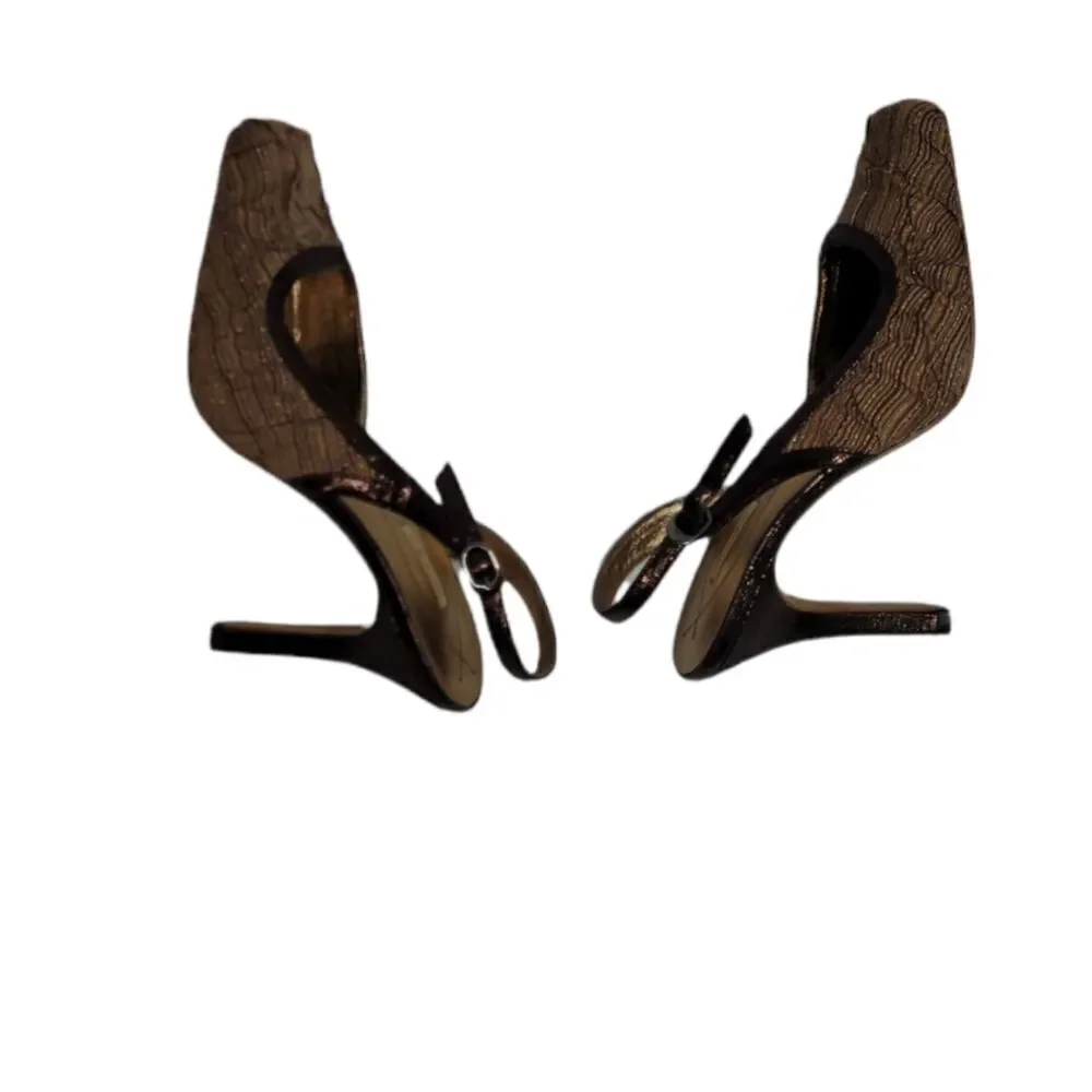 MAX STUDIO heels metallic bronze brown square toe fabric and leather slingback 8